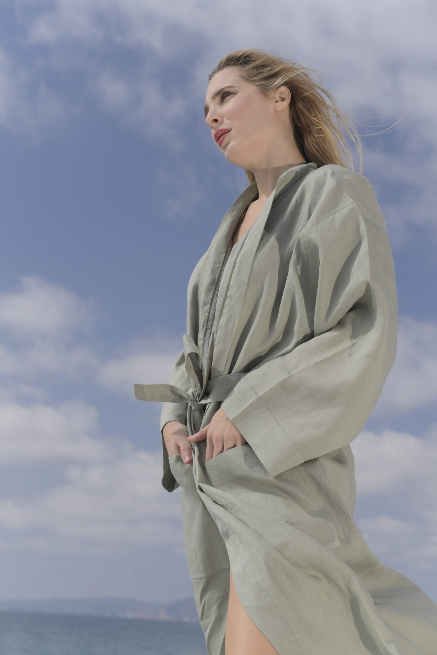 Olive-colored linen kimono